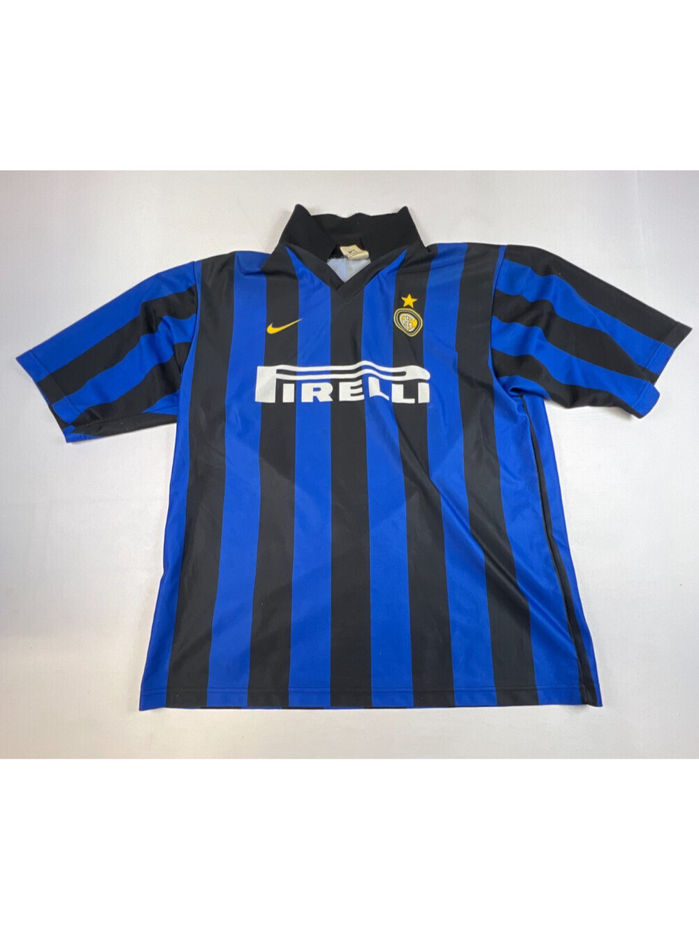 Vintage Nike Inter Milan Pirelli Soccer Jersey Men L Blue Black Striped Football